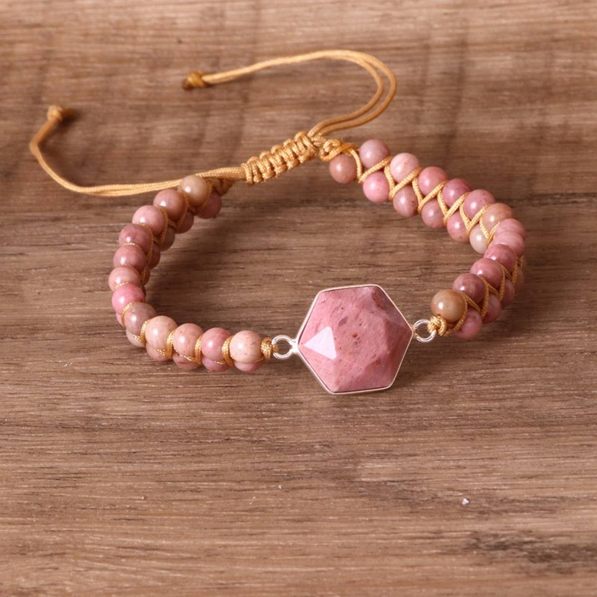 HEXAGONAL RHODONITE BRAIDED BRAIDED BRACELET