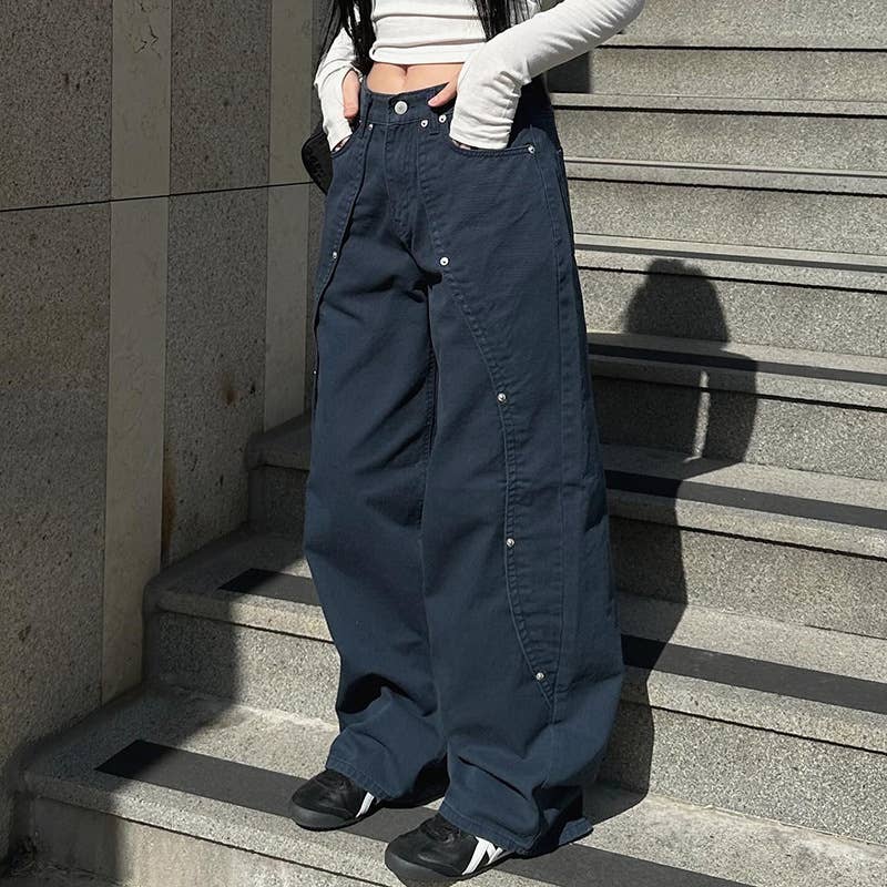 RIVET SPLIT LOW-RISE BAGGY DROP WIDE-LEG JEANS