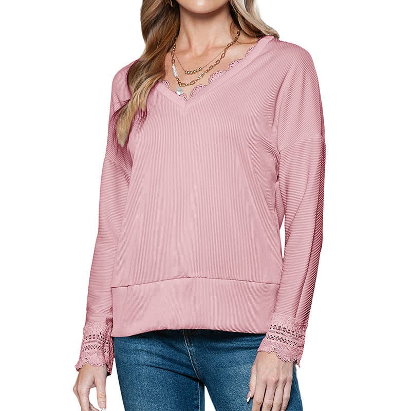 LACE TRIM V-NECK THIN SIMPLE SOLID COLOR SWEATER