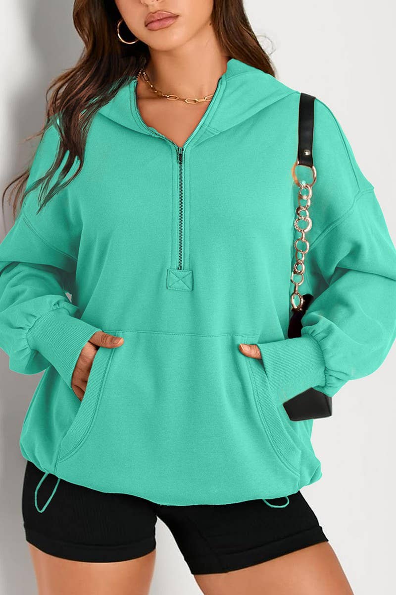 CWOHOL0935_SOLID COLOR HOODED ZIPPER POCKET SWEATSHIRT