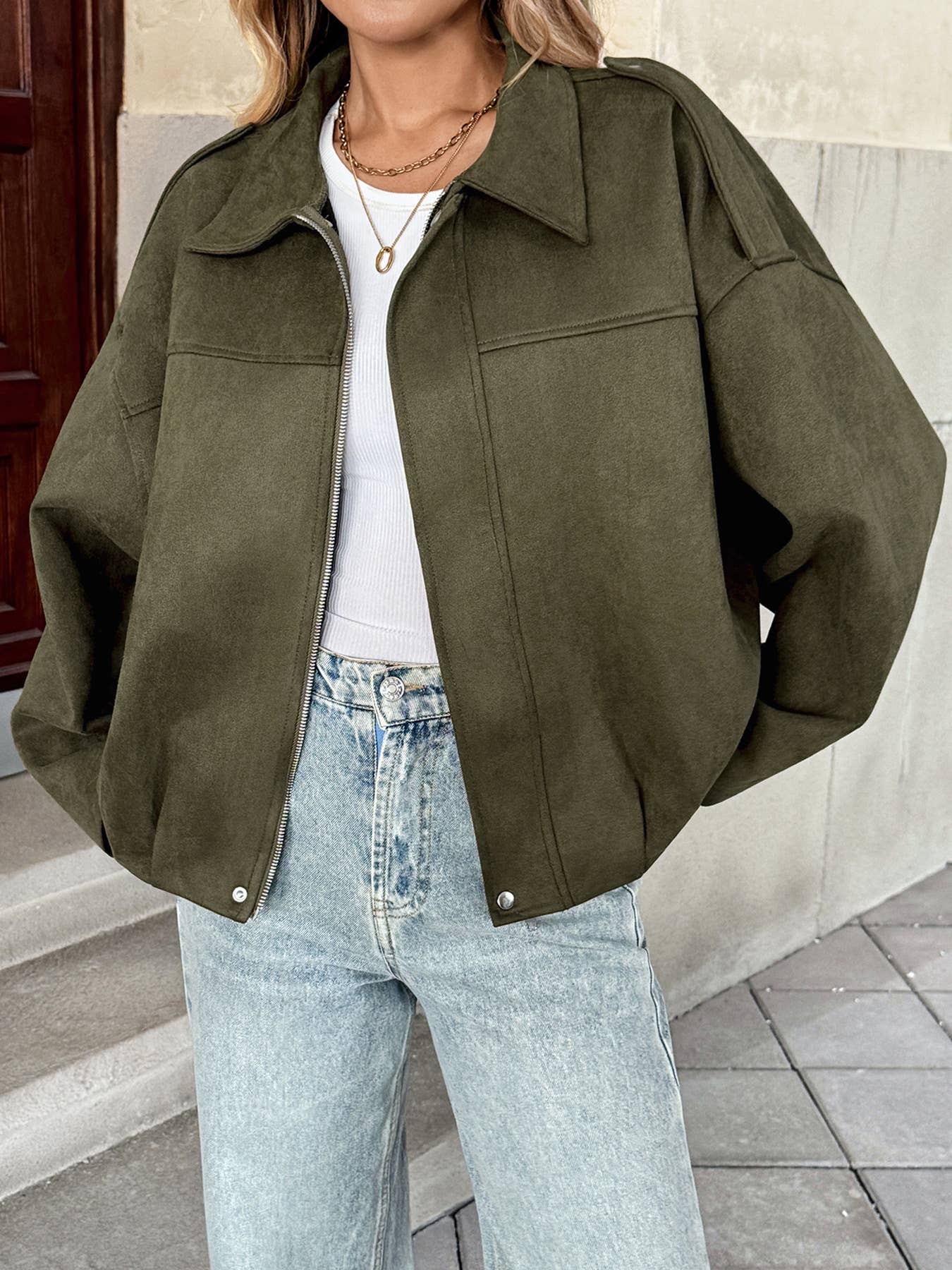 Suede-like velvet military green lapel jacket