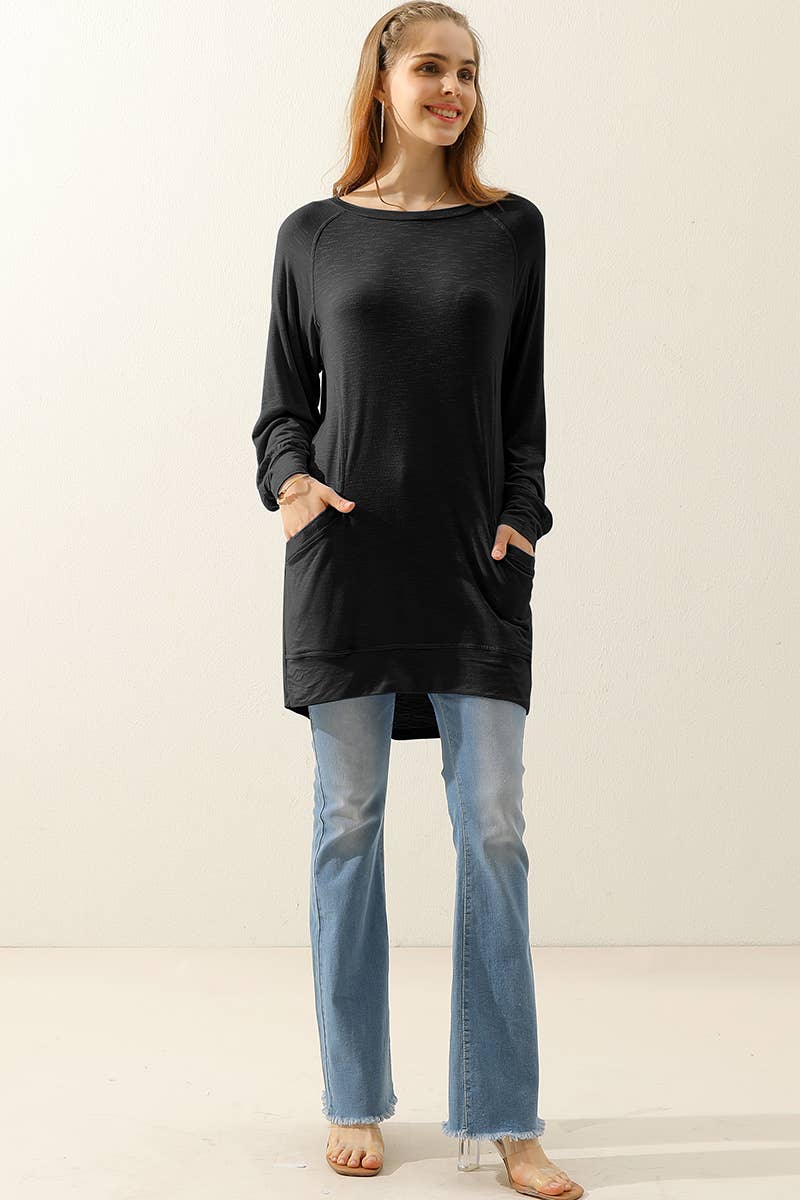 Cwttl1491_R Neck Long Sleeve Slub Long Knit Top With Pockets