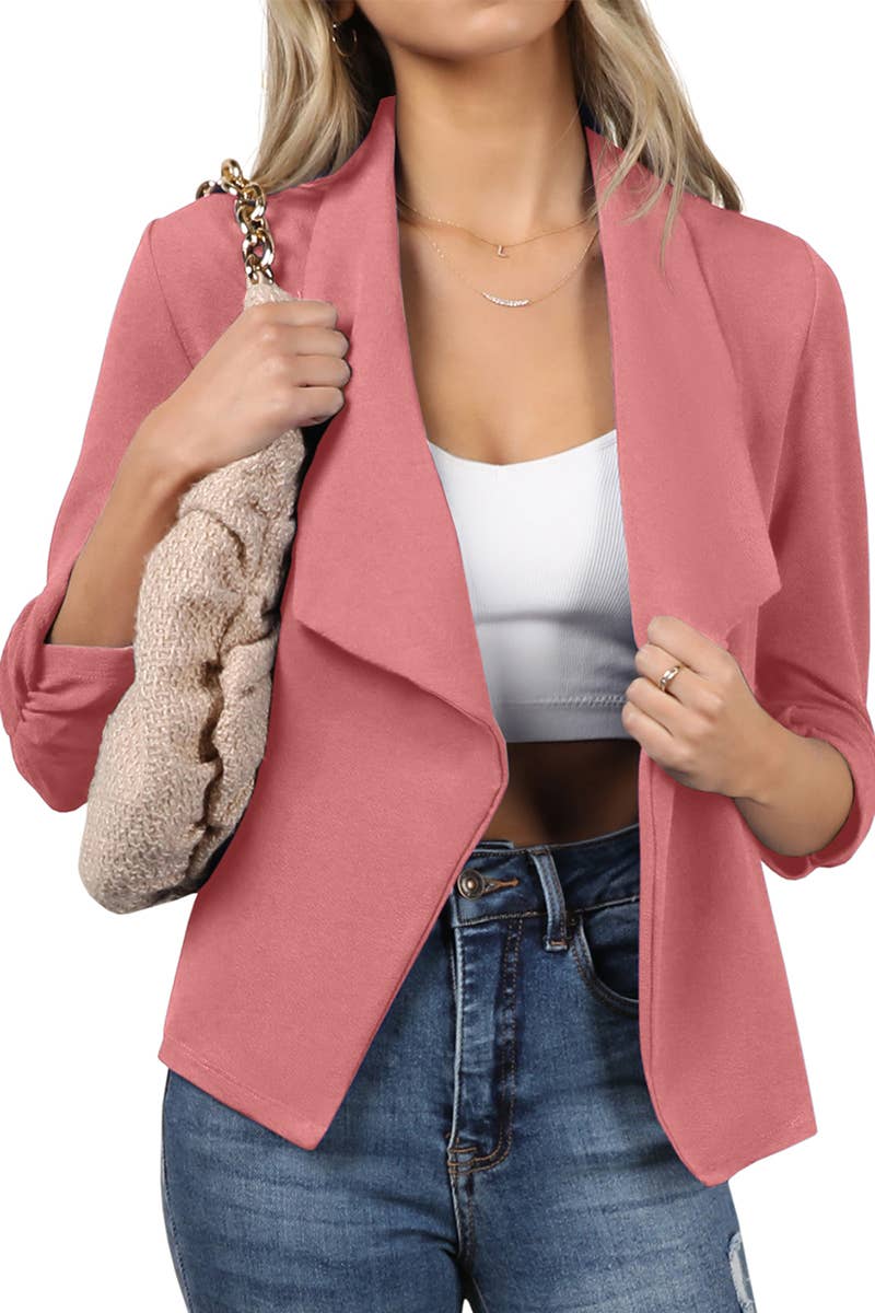 CWOBL091_Casual Work Ruched 3/4 Slv Open Front Blazer Jacket