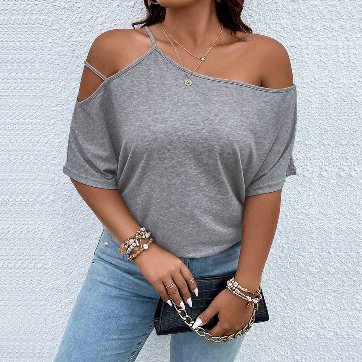 Loose Fit Off Shoulder Slanted Neck Tee