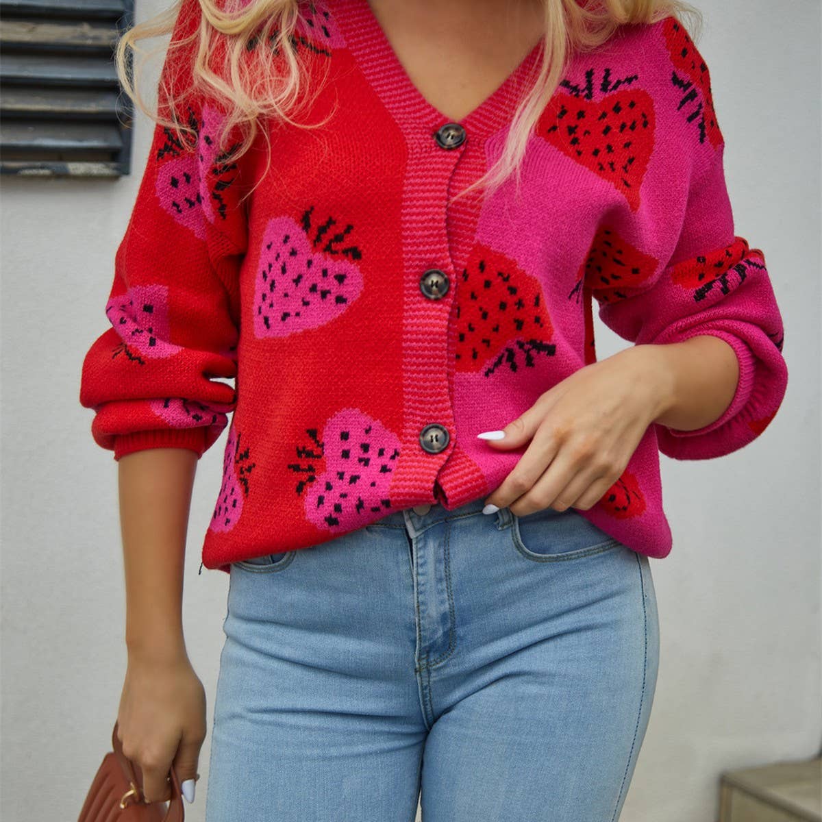 V-neck button-up cardigan strawberry coat sweater