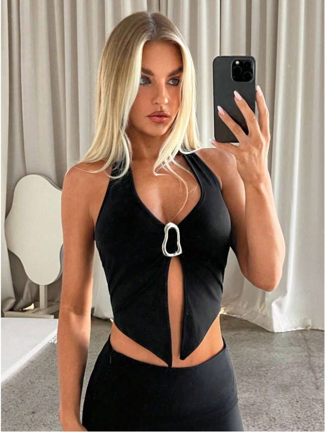 Solid-colored sleeveless V-neck sexy cross top