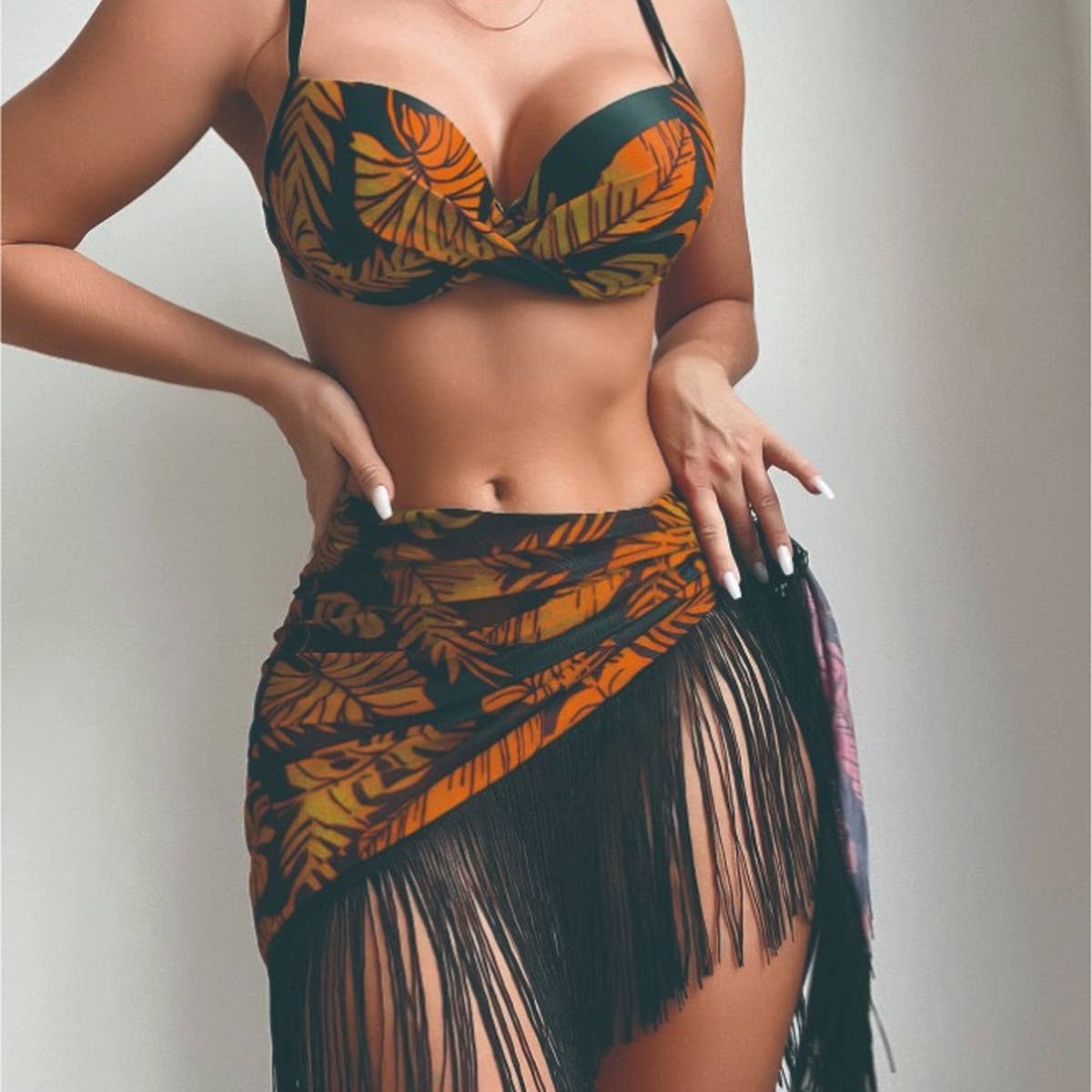 PRINTED TASSEL WRAP SKIRT THREE-PIECE SWIMSUIT_CWMW0335