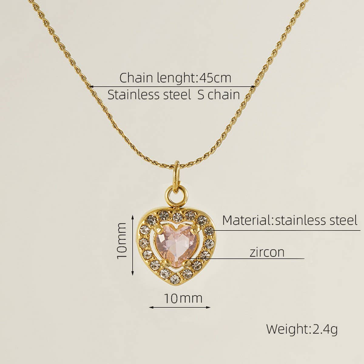 STAINLESS STEEL ZIRCON HEART PENDANT NECKLACE_CWAJE0682
