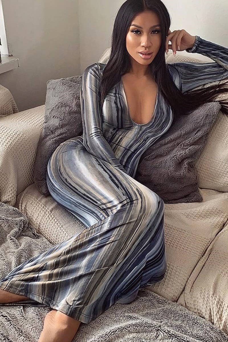 CWDMD4862_V-NECK PRINTED LONG-SLEEVED BODYCON DRESS