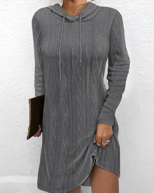 SOLID COLOR LONG-SLEEVED HOODED JUMPER KNIT DRESS