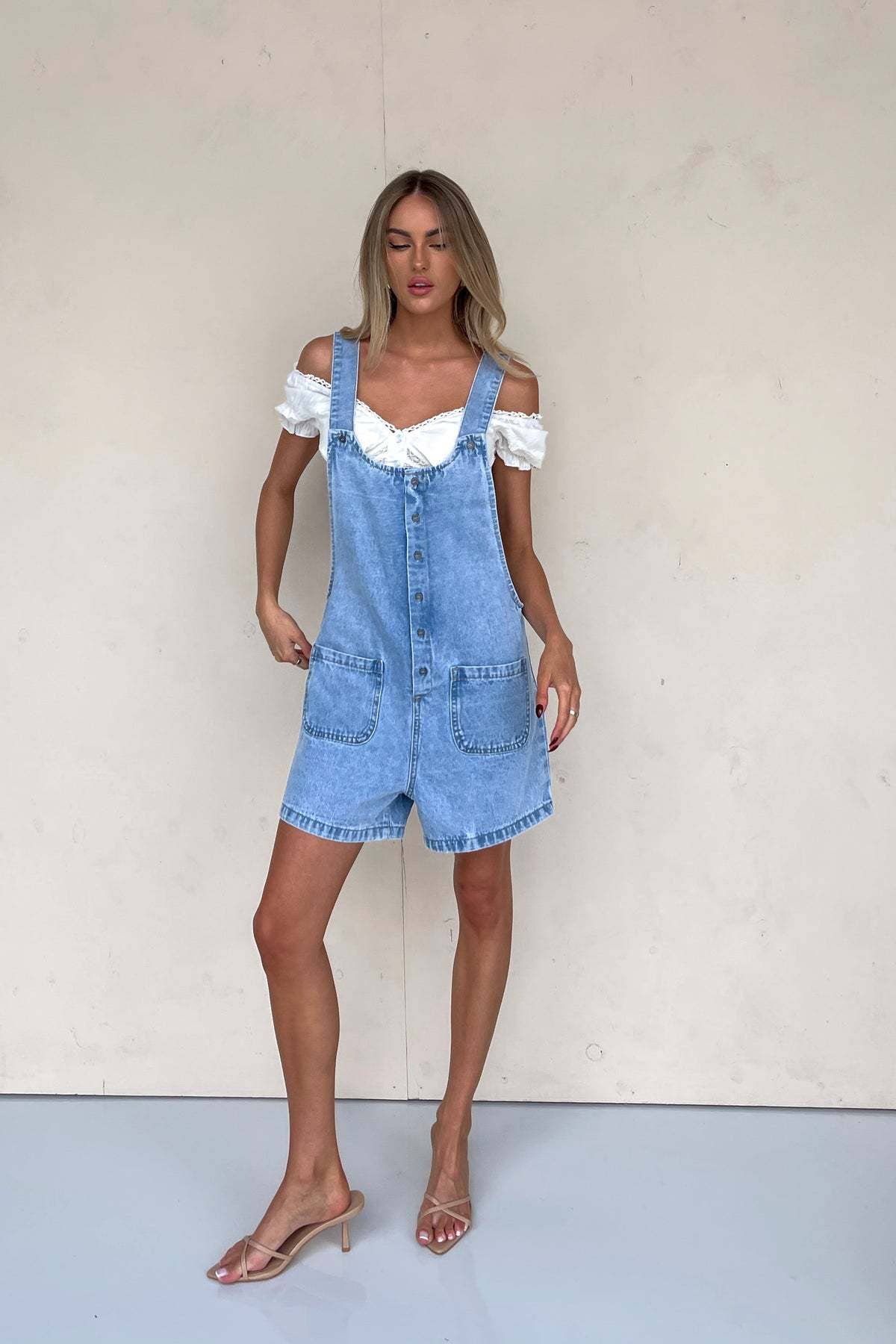Wash denim rompers with adjustable suspenders