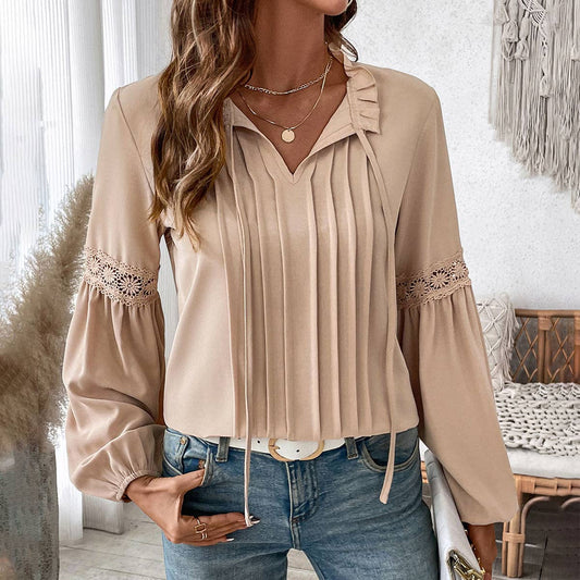 V-NECK SHIRT SOLID COLOR CASUAL LACE-UP SHIRT