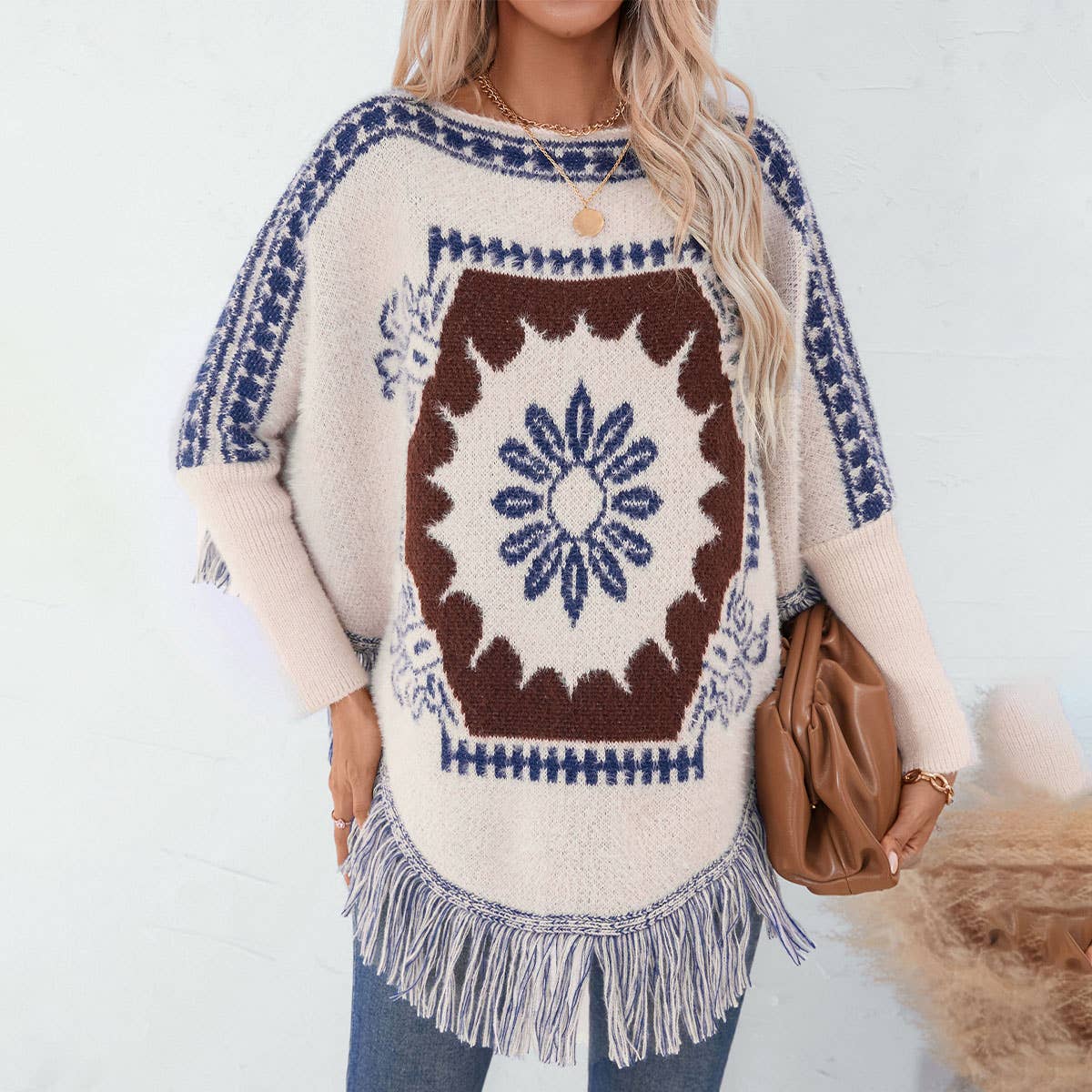 Women's loose long-sleeved knitted tassel cape