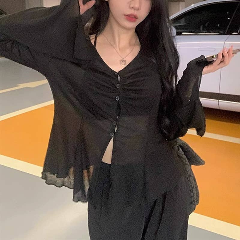 V-neck single breasted semi-transparent shirt