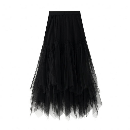 Irregular Pleated Tulle Midi Skirt with Volume