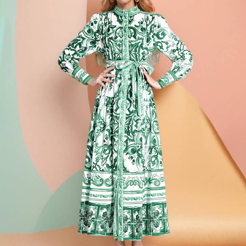 STAND COLLAR SINGLE-BREASTED PRINTED DRESS