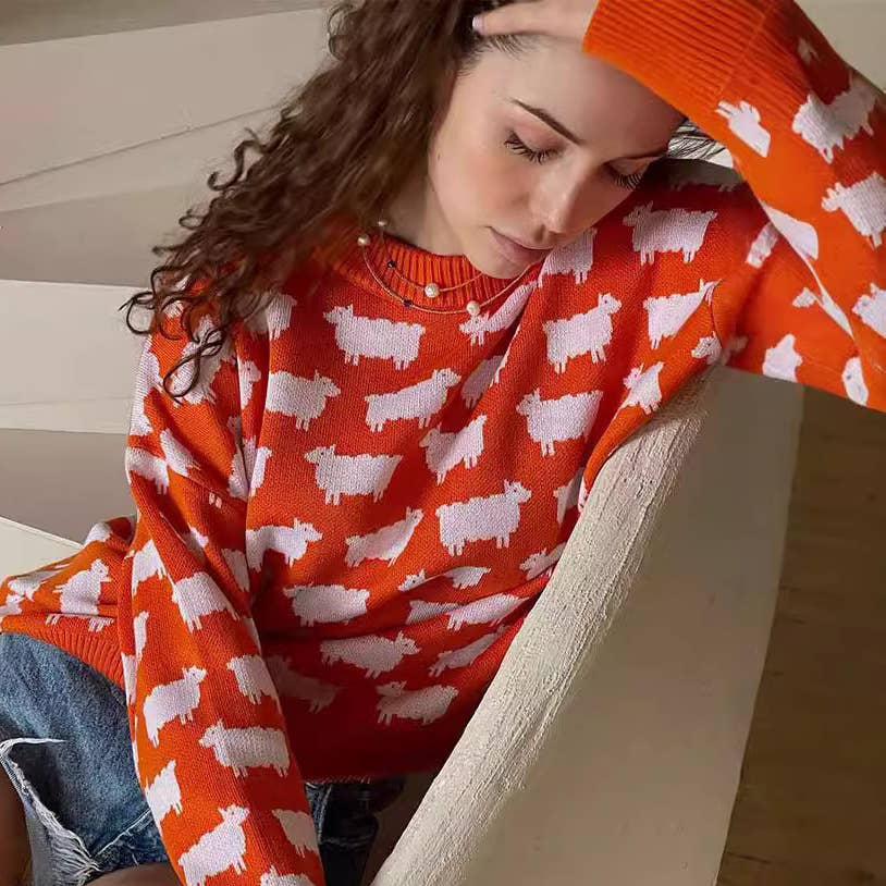 SHEEP PRINT LOOSE CASUAL PULLOVER SWEATER