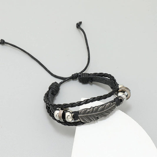 SIMPLE ALLOY FEATHER BEADED LEATHER BRACELET