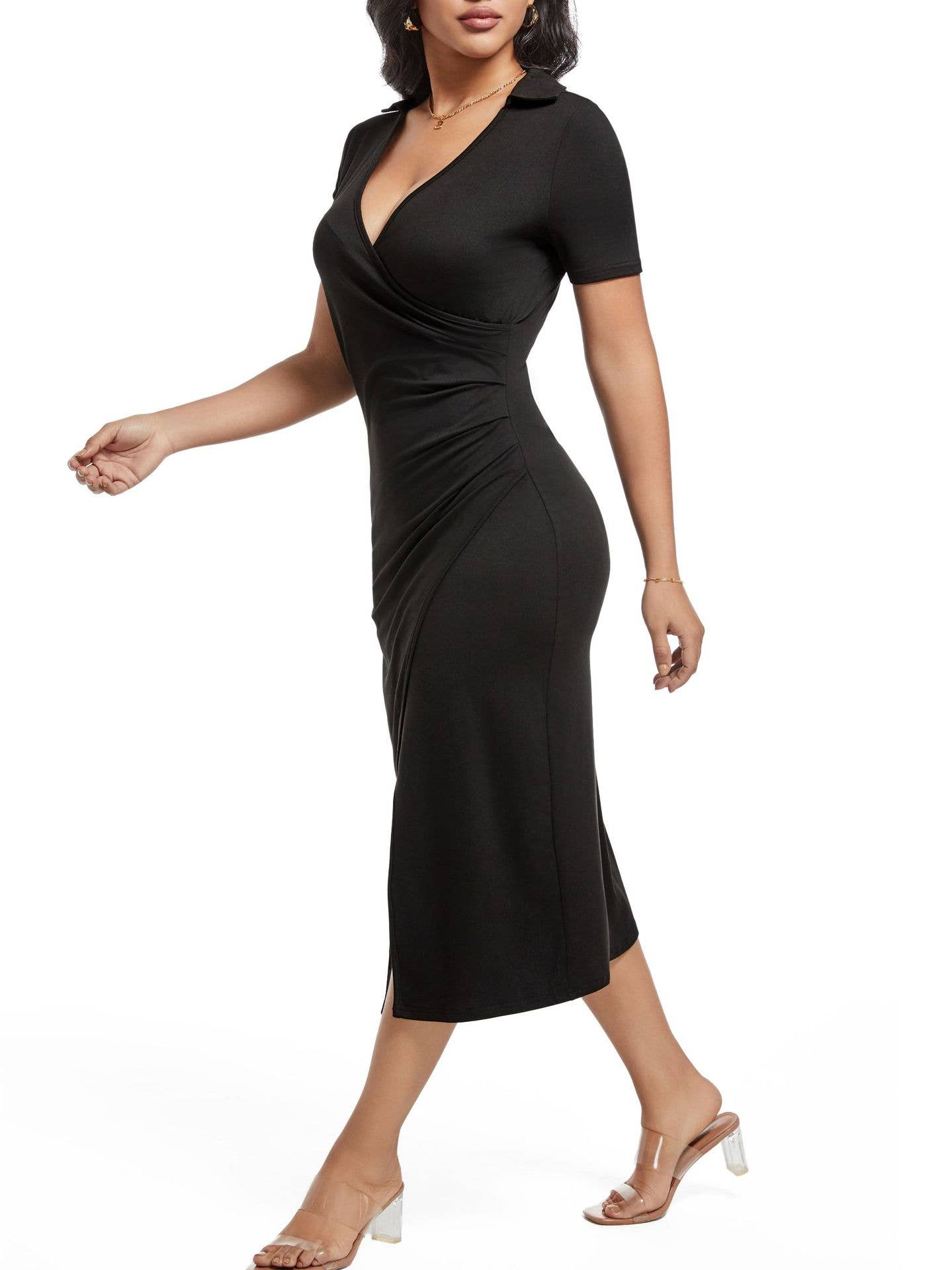 POLO COLLAR CROSS PLEATED SLIT KNITTED LONG DRESS