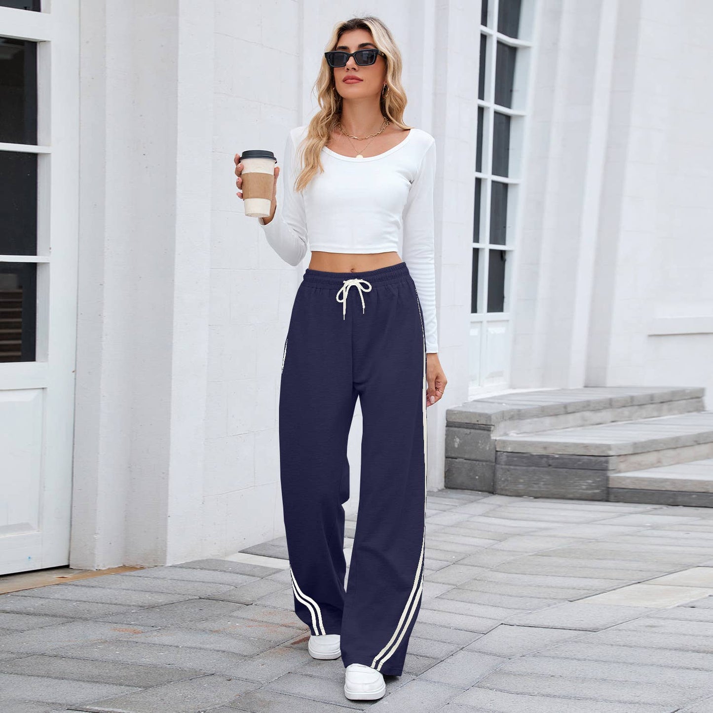 Lace up casual, loose, straight, wide-leg pants