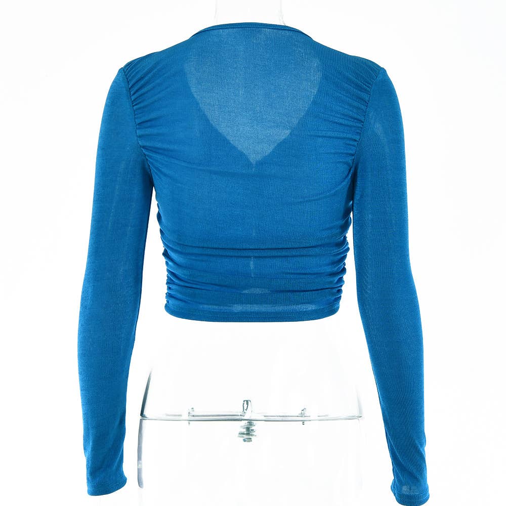 V-neck solid color pleated hidden button top