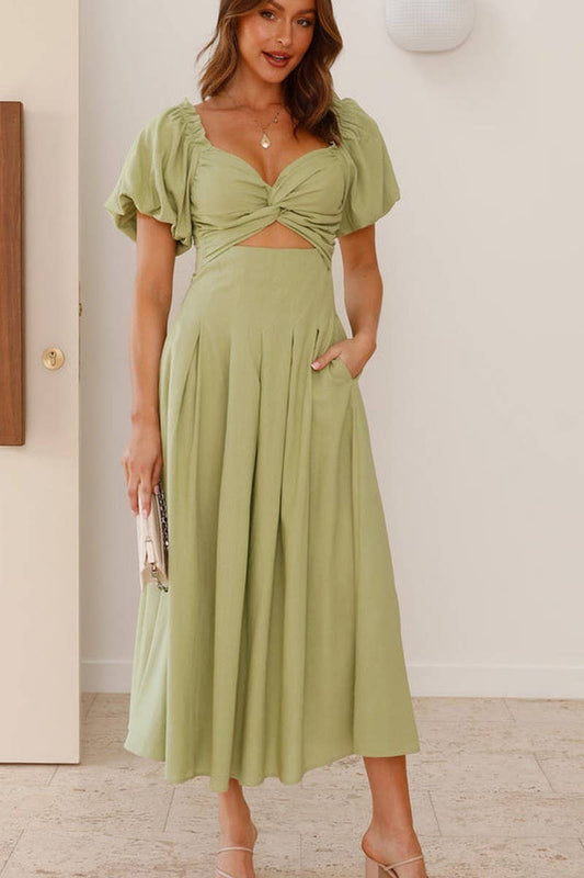 CWDMD5652_SOLID V-NECK LONG PUFF SLEEVE SLIM MAXI DRESS