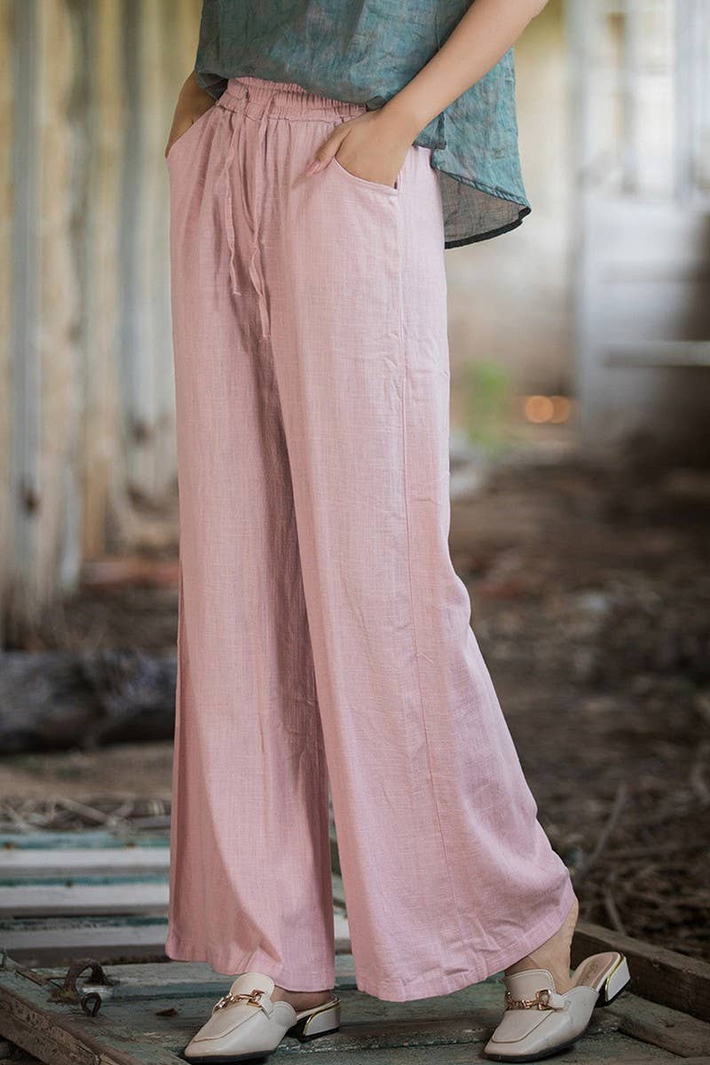 CWBLP1376_COTTON AND LINEN DRAWSTRING WIDE LEG PANTS