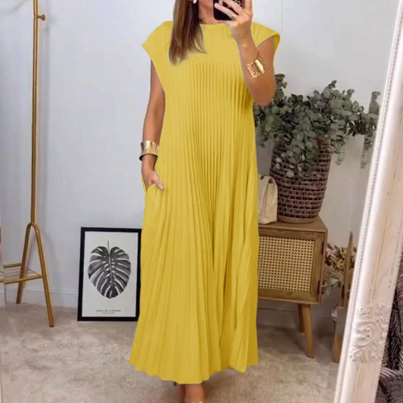Elegant fashion round neck sleeveless pleated long dress