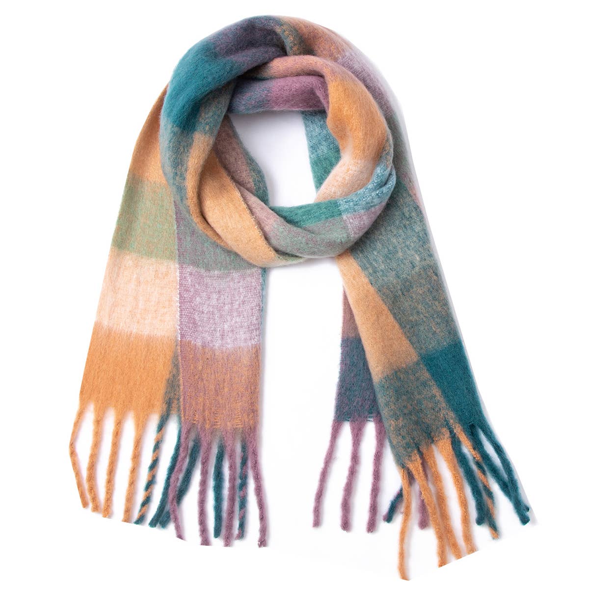 Chunky Plaid Mohair-Look Scarf with Fringes