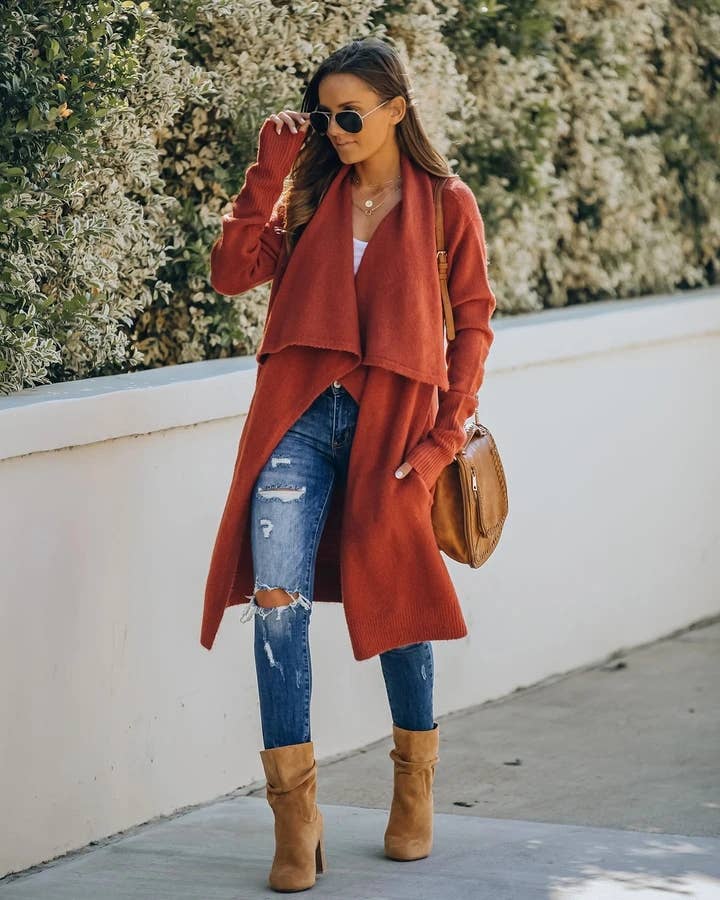 Large lapel unbuttoned solid color long cardigan coat