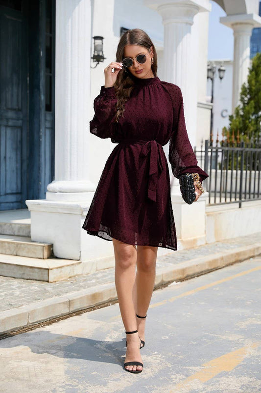 CWDSD5810_MID-NECK LONG-SLEEVED CHIFFON POMPOM BELT DRESS