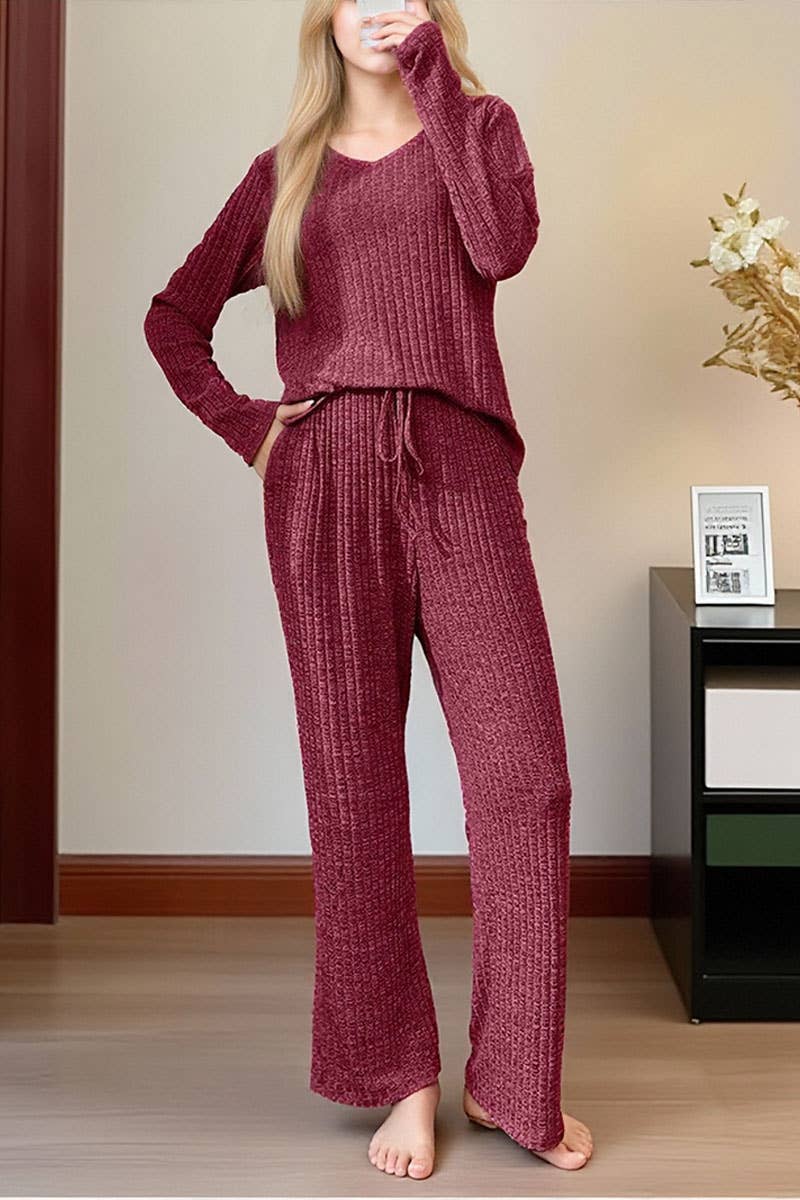 CWOSWL07636_RIBBED PAJAMA SET WOMEN LONG SLEEVE TOP AND PANT