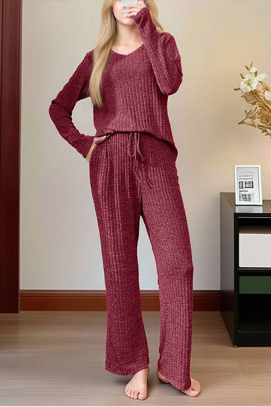 CWOSWL07636_RIBBED PAJAMA SET WOMEN LONG SLEEVE TOP AND PANT