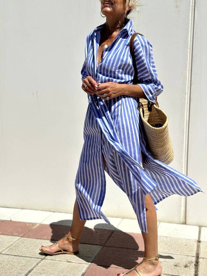 FIVE-QUARTER SLEEVE STRIPED SHIRT DRESS