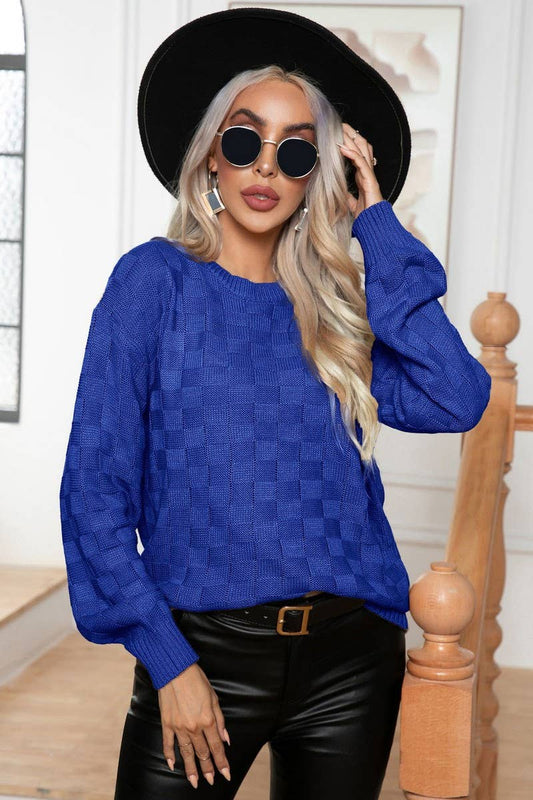 Cwoswl3874_3D Plaid Long Sleeve Knitted Pullover Sweater