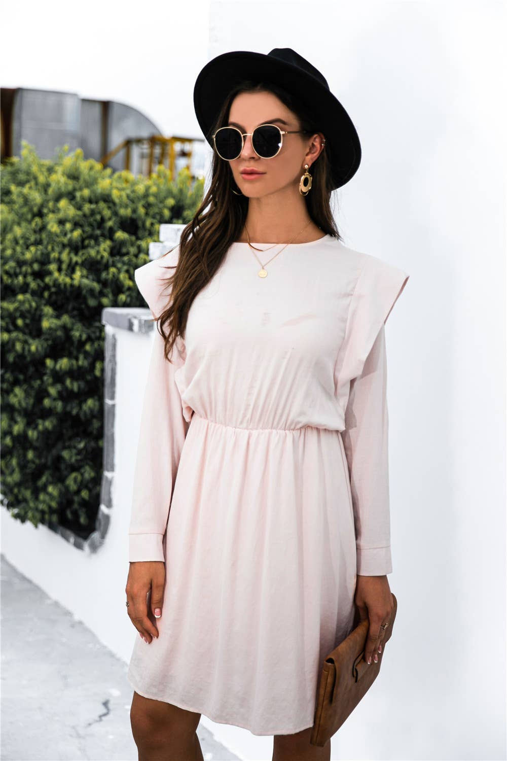 SHOULDER PADS, LONG SLEEVES, WAIST, SHORT DRESS