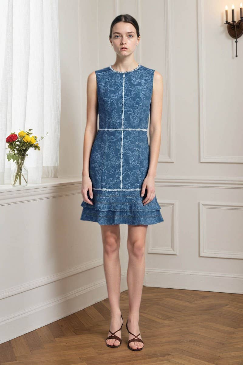 CWDSD8819_BLUE AND WHITE PRINTED DENIM SLEEVELESS DRESS