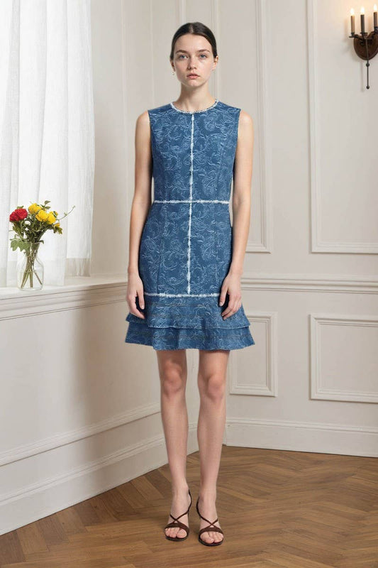 CWDSD8819_BLUE AND WHITE PRINTED DENIM SLEEVELESS DRESS