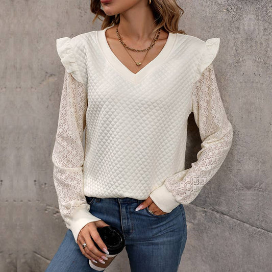 LACE LONG-SLEEVED FABRIC RUFFLED PATCHWORK HOODIE