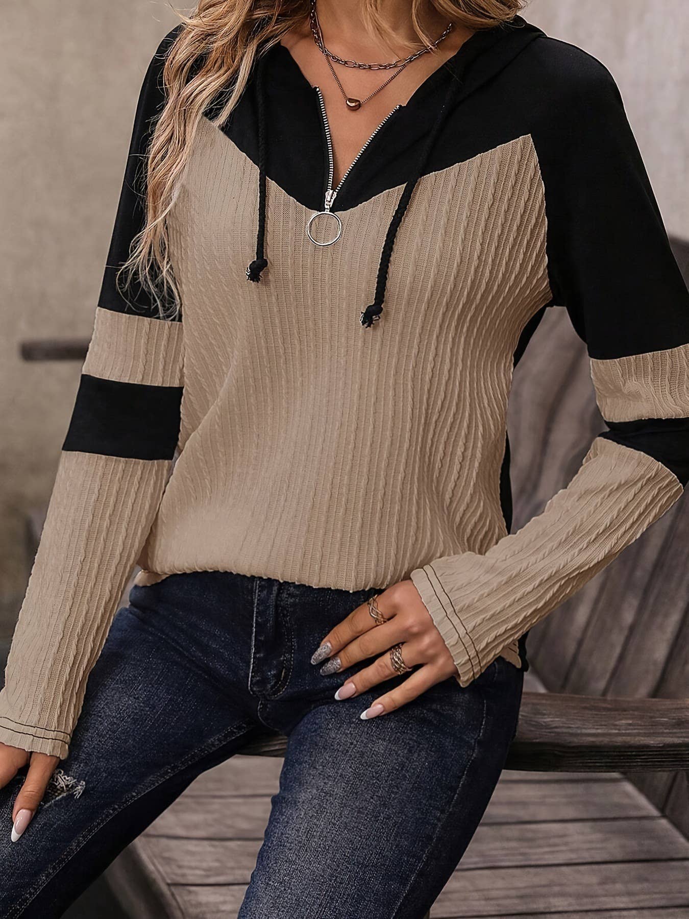 ZIPPER FRONT KNIT LONG SLEEVE COLOR HOODIE