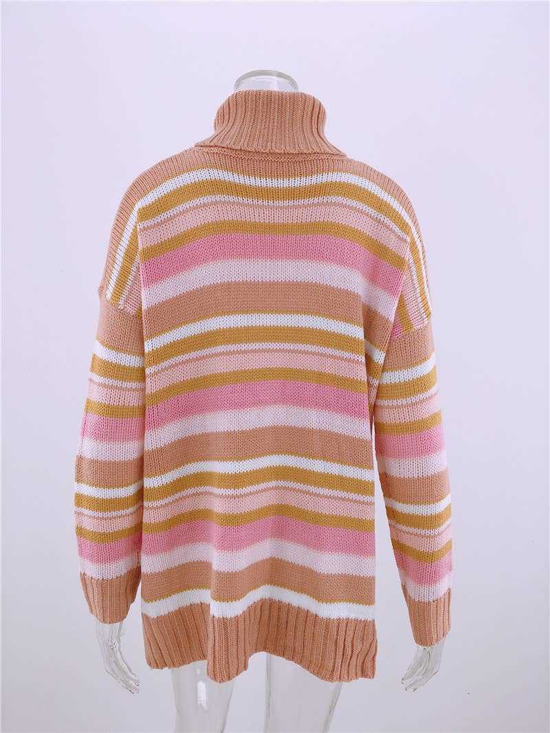 RAINBOW STRIPED PATCHWORK KNIT PULLOVER SWEATER_cwoswl2316