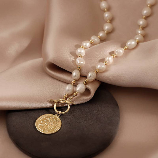 Pearl gold coin figures OT buckle necklaces