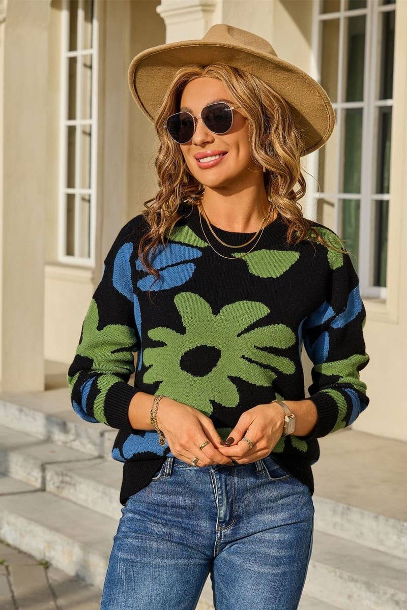 CWOSWL07600_FLORAL PRINT LONG SLEEVE KNIT SWEATER