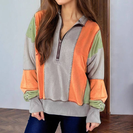 SIMPLE FASHION COLOR MATCHING CASUAL PULLOVER TOP