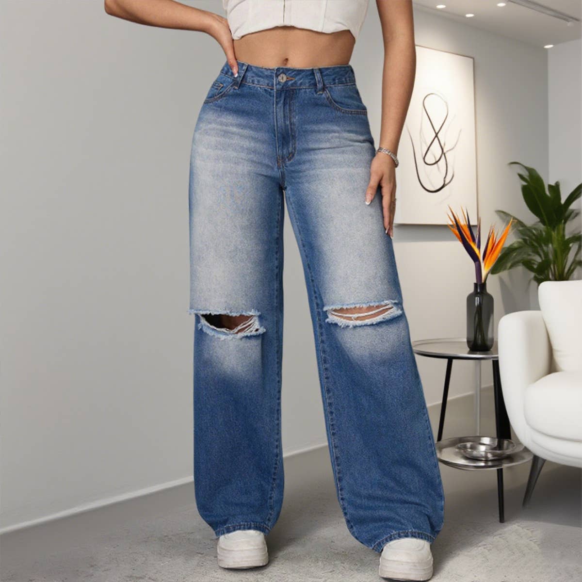 Ripped high-waisted straight-leg denim trousers