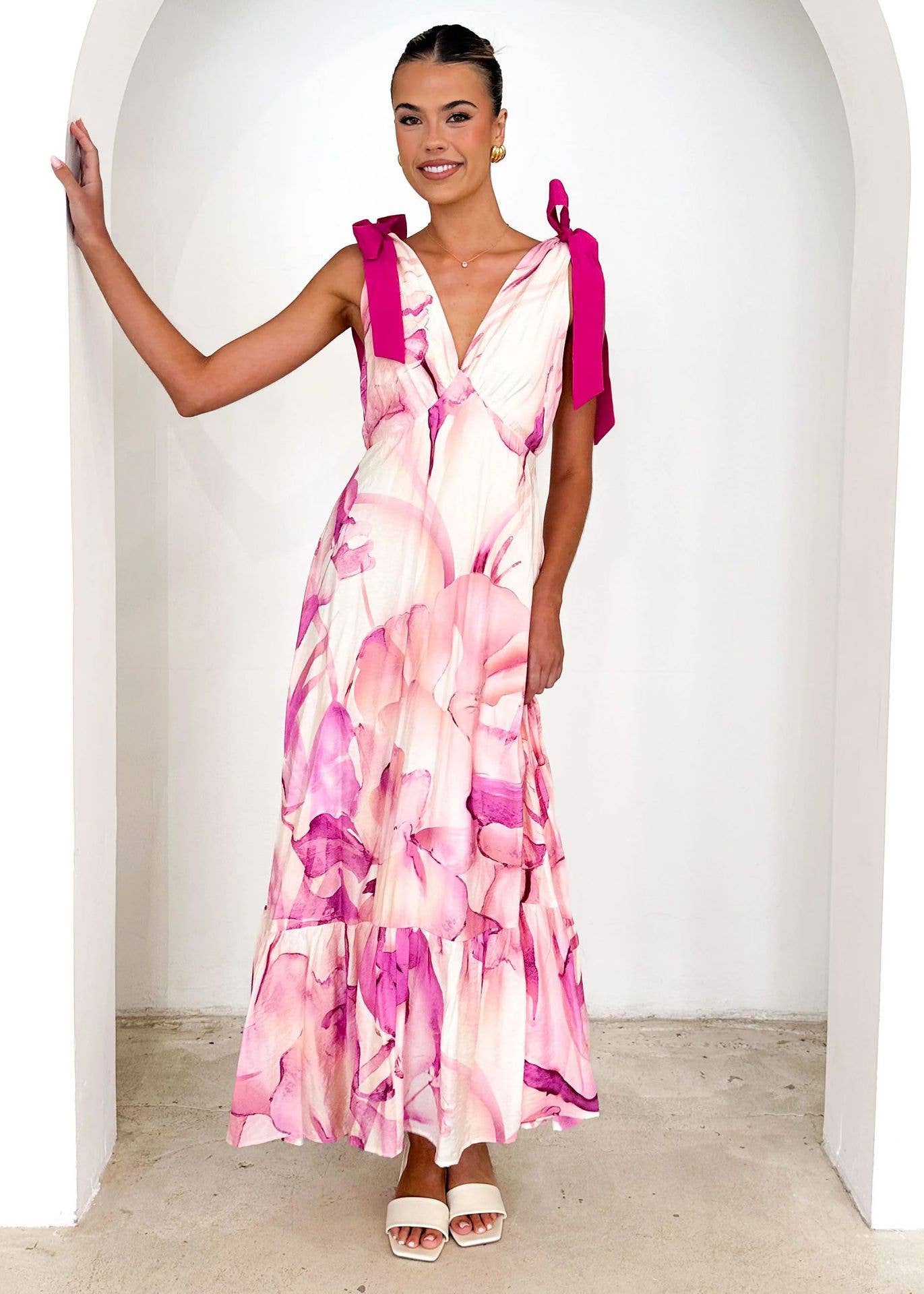 Lace-up V-neck print fashion loose long dress