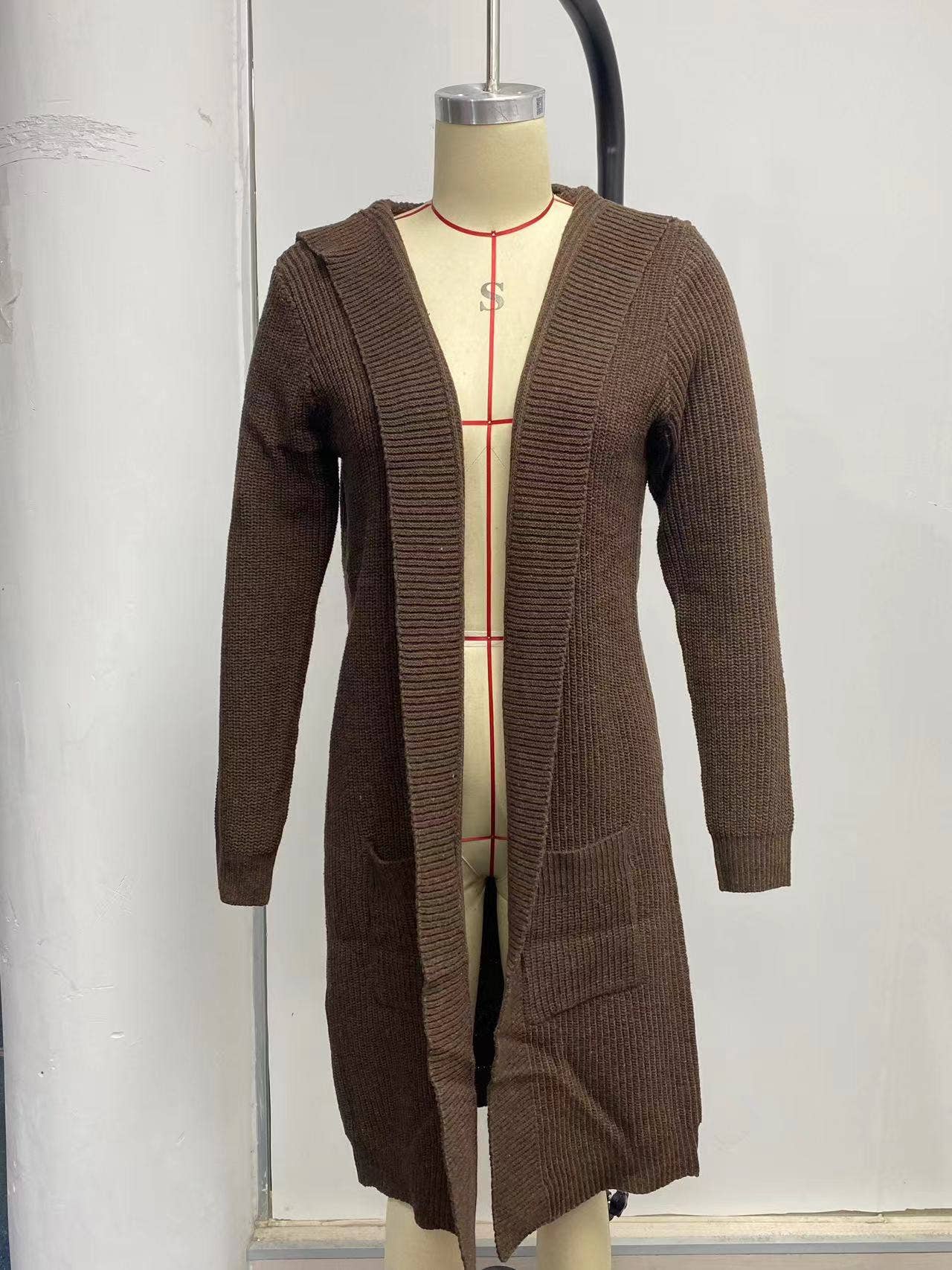 Solid-color hooded long knitted coat