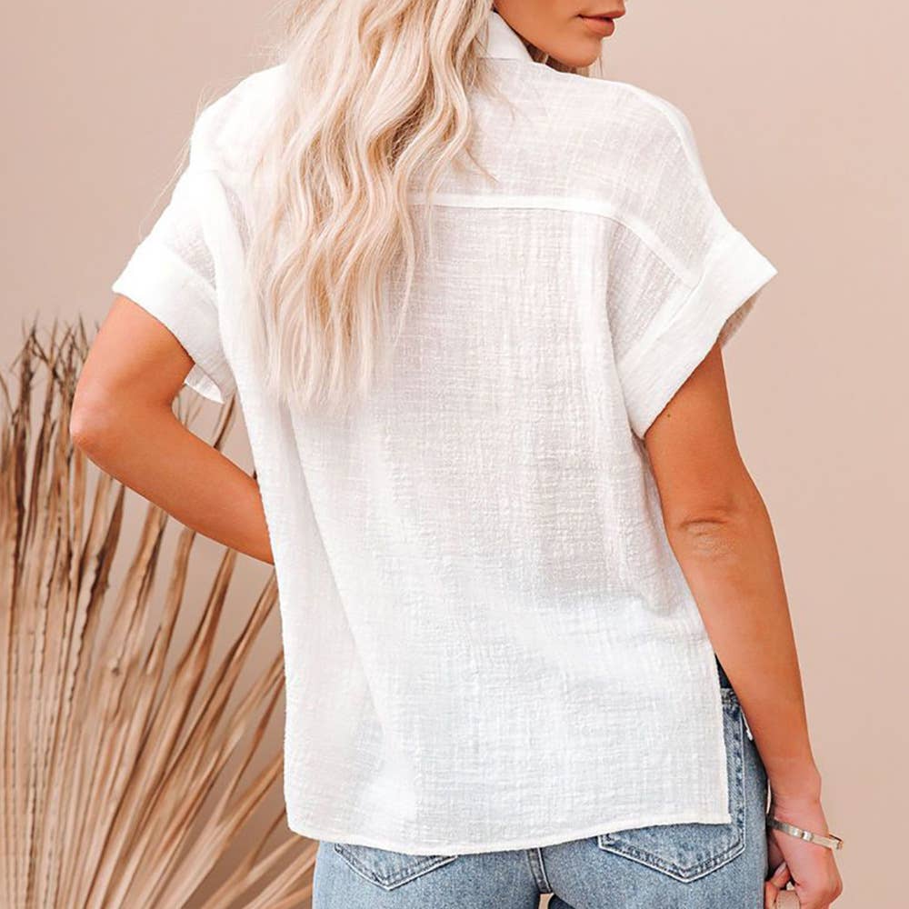 Lapel solid color casual cotton linen shirt