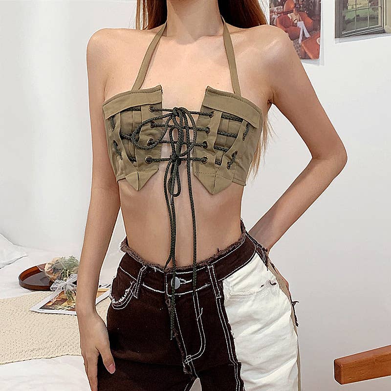 Sexy Y2K Halter Lace-Up Cutout Crop Tank Top