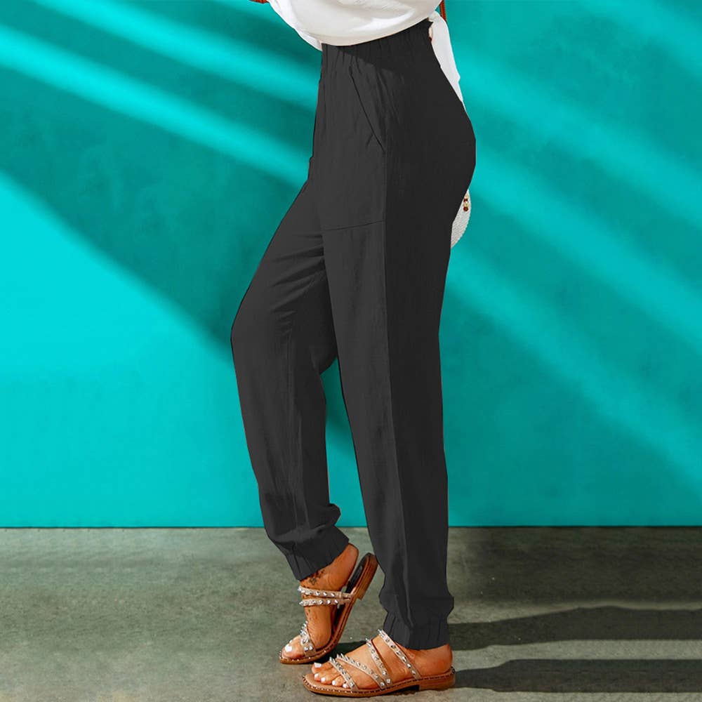 ELASTIC-WAISTED STRAIGHT LEG TWO-POCKET PANTS